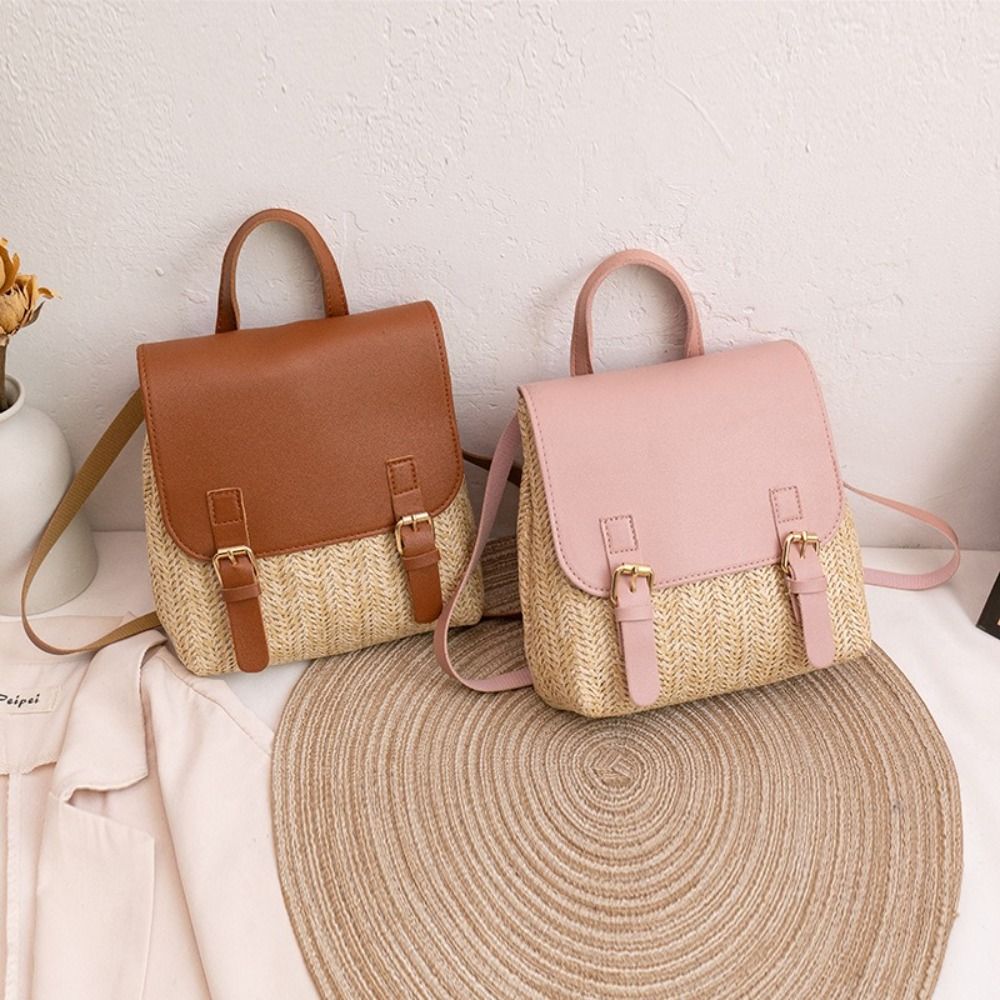 Luxury Bags Vintage - Fashion PU Leather Straw Backpack Retro